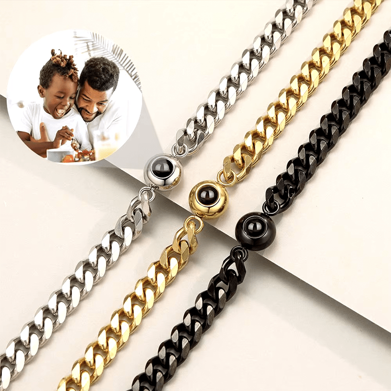 Bracelet Photo Personnalisé gourmette pour homme argent noir et or