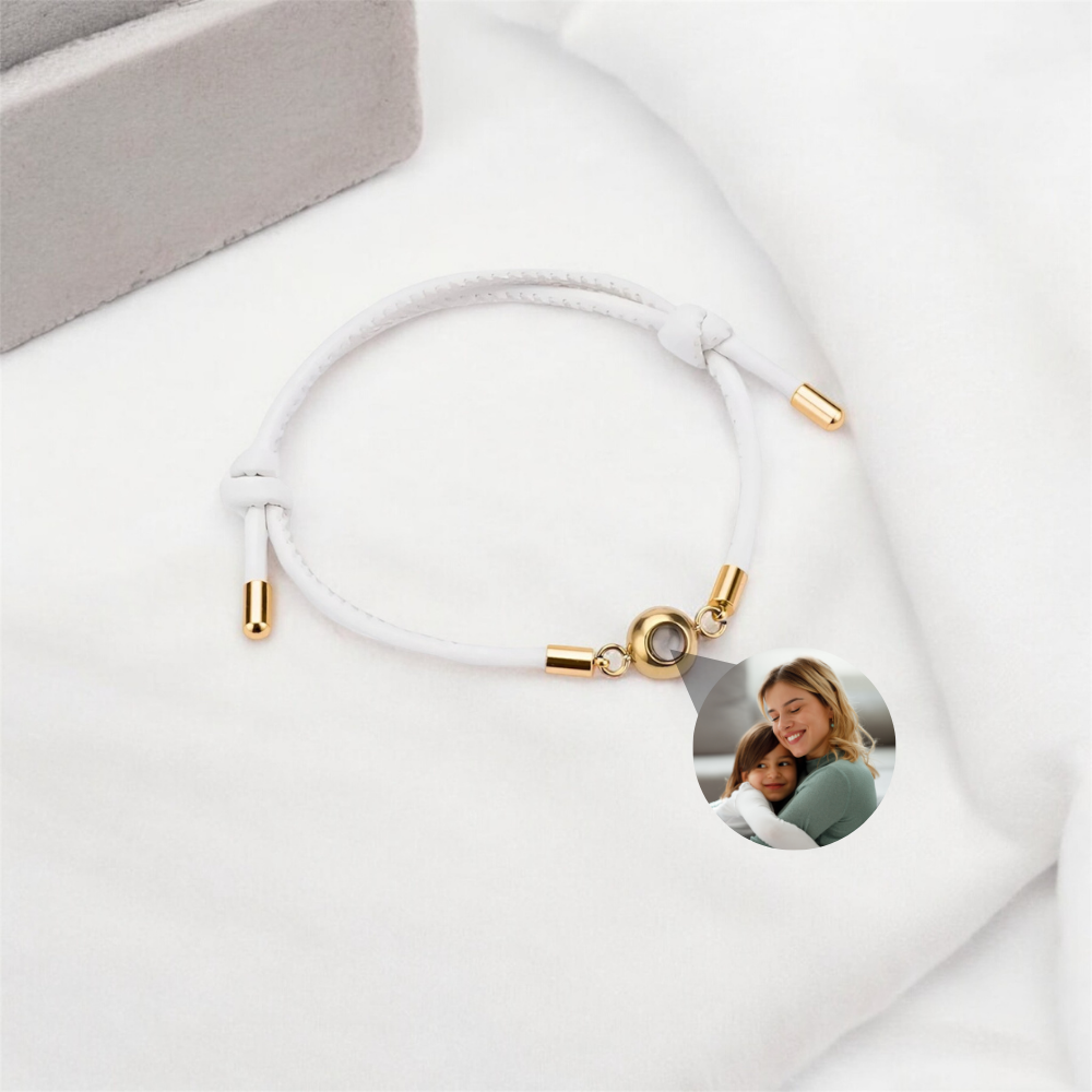 Bracelet en corde projection photo blanc et or