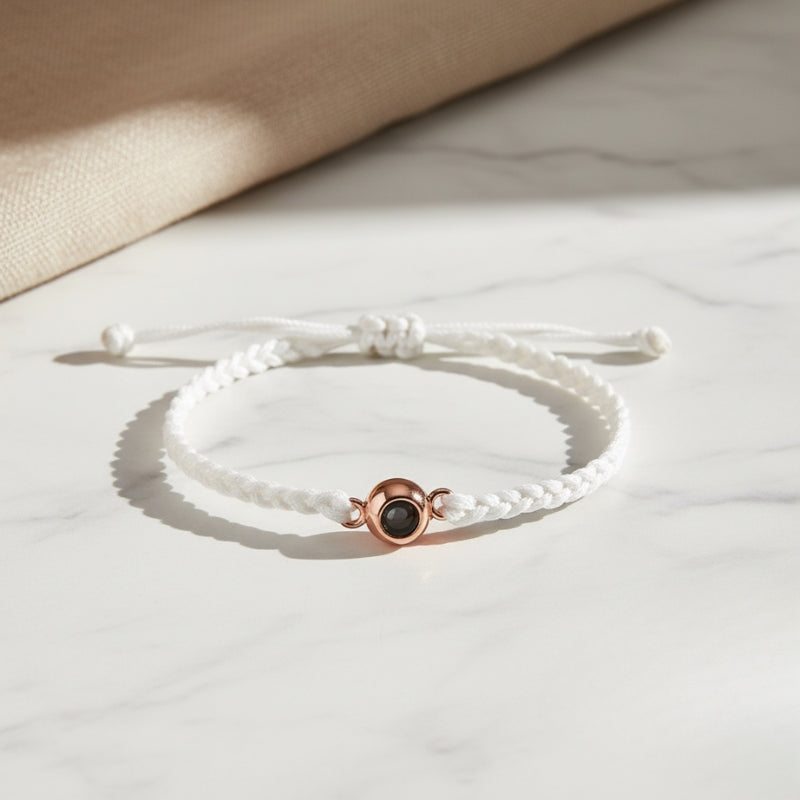 Bracelet photo a l interieur Eden cordon blanc perle or rose