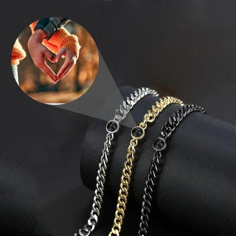 Bracelet photo gourmette personnalisé pour homme en acier noir argent et or