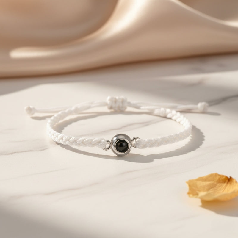 Bracelet photo personnalise Eden cordon blanc perle argent