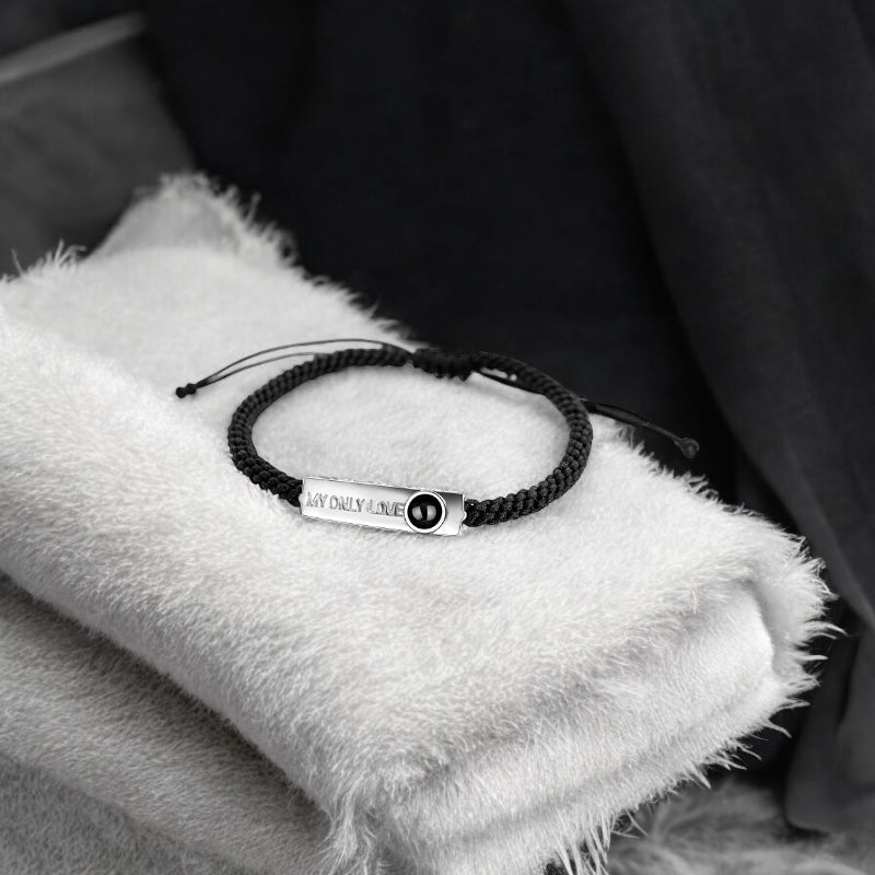 Bracelet photo personnalisé noir et argent 925 en corde 