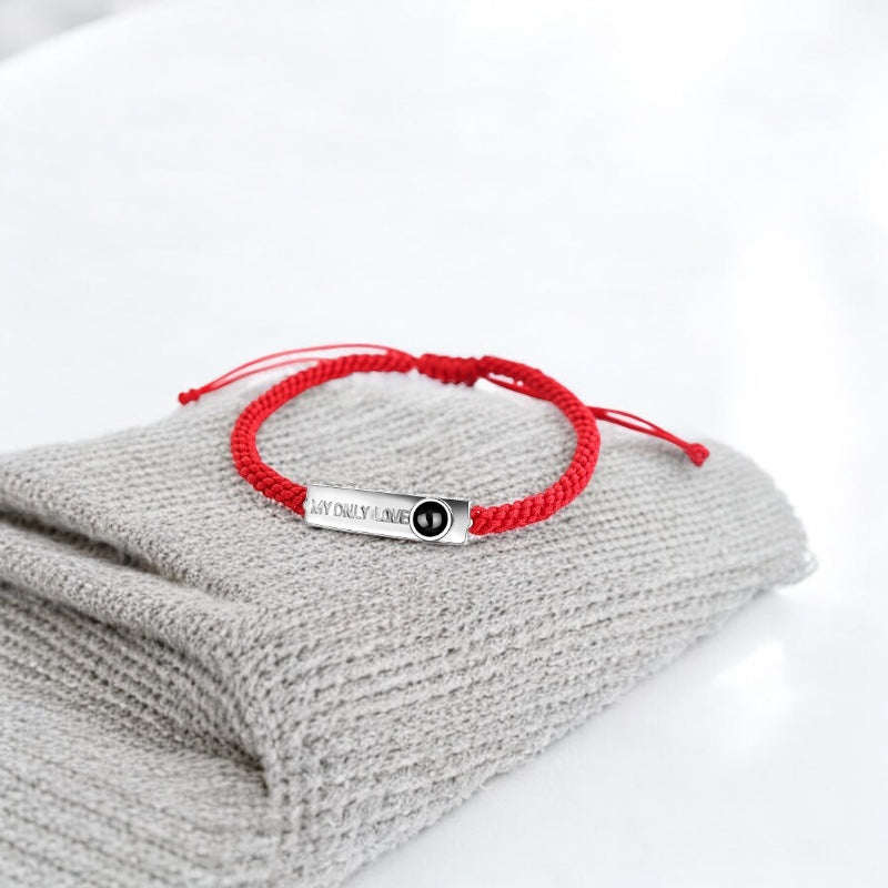 bracelet en argent 925 et corde rouge avec perle de projection photo personnalisé