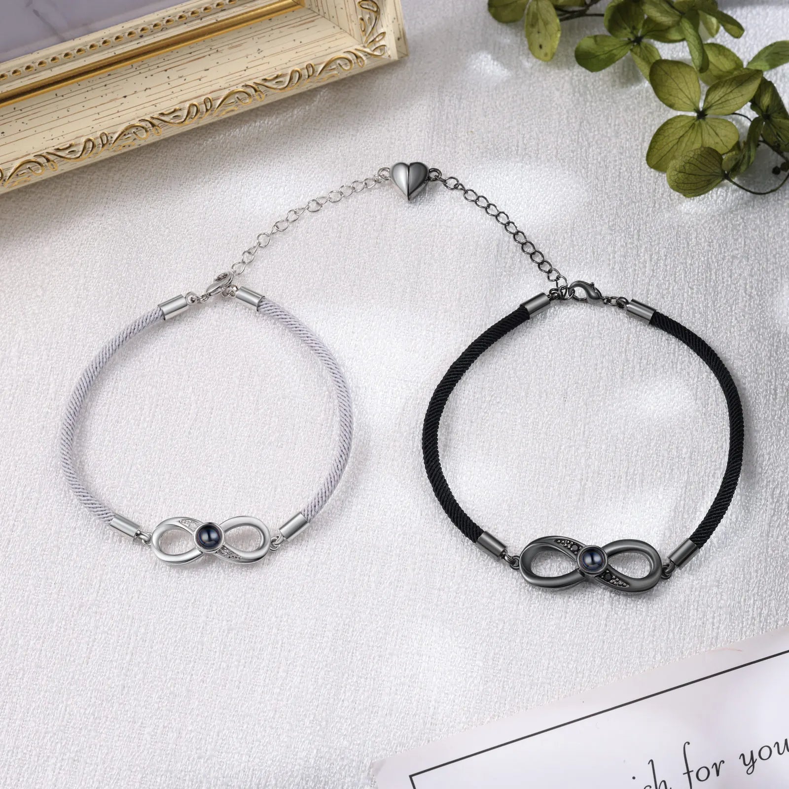 bracelet photo couple infini argent et noir personnalisé